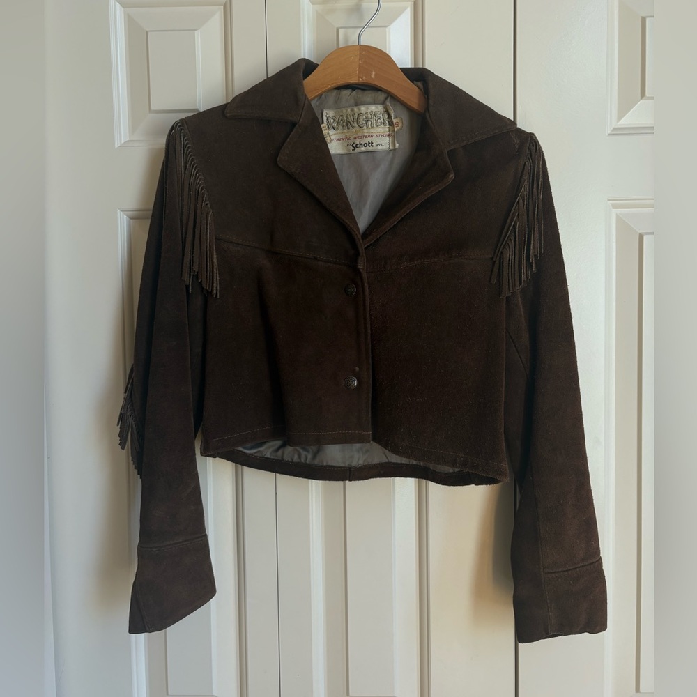 Rancher by Schott Vintage Tan Suede Fringed Crop Snap Front Jacket XS/S